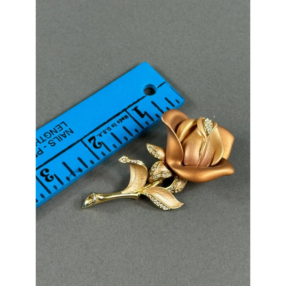 Vintage Gold Tone Matte Satin Rose Flower Brooch Rhinestone Accent Floral Pin